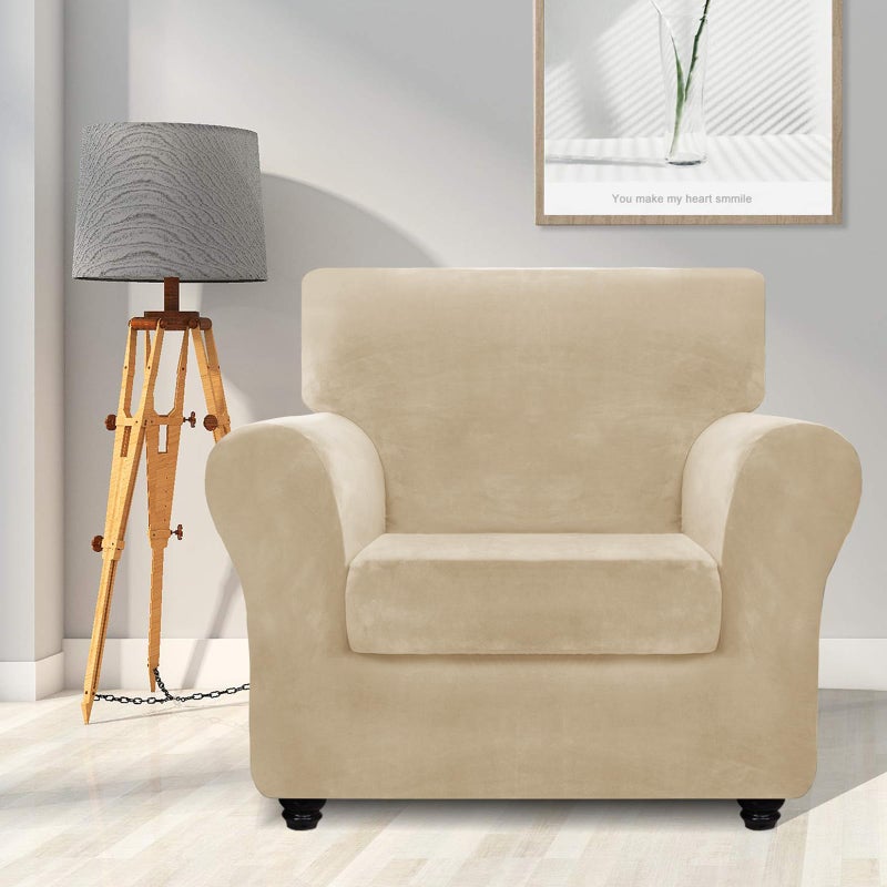 ZNSAYOTX Luxury Velvet Chair Slipcovers with Arms 2 Piece Stretch Chair Covers for Living Room Thick Soft Armchair Slipcover Anti Slip Dog Pet Friendly Furniture Protector (Camel),30"-47"(1 Cushion) - Image 2